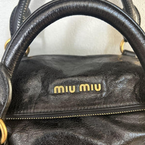 PreOwned Miu Miu VITELLO LUX 2way Hand Bag Shoulder Bag Side Ribbon Black Used 4165