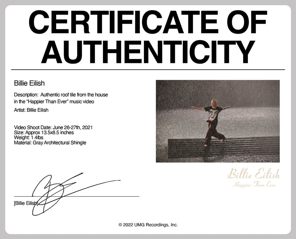 Billie Eilish Happier Than Ever MV Roof Tile w/CoA + Splatter Paint Art Cards