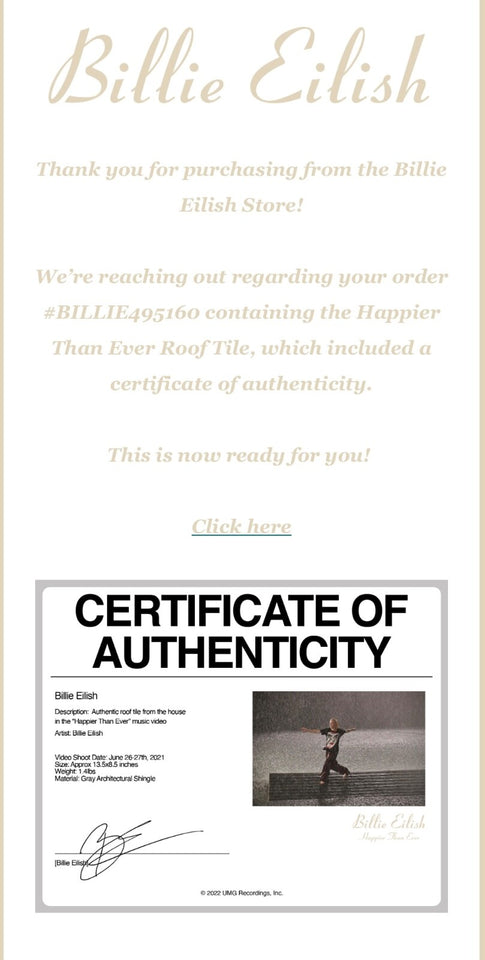 Billie Eilish Happier Than Ever MV Roof Tile w/CoA + Splatter Paint Art Cards